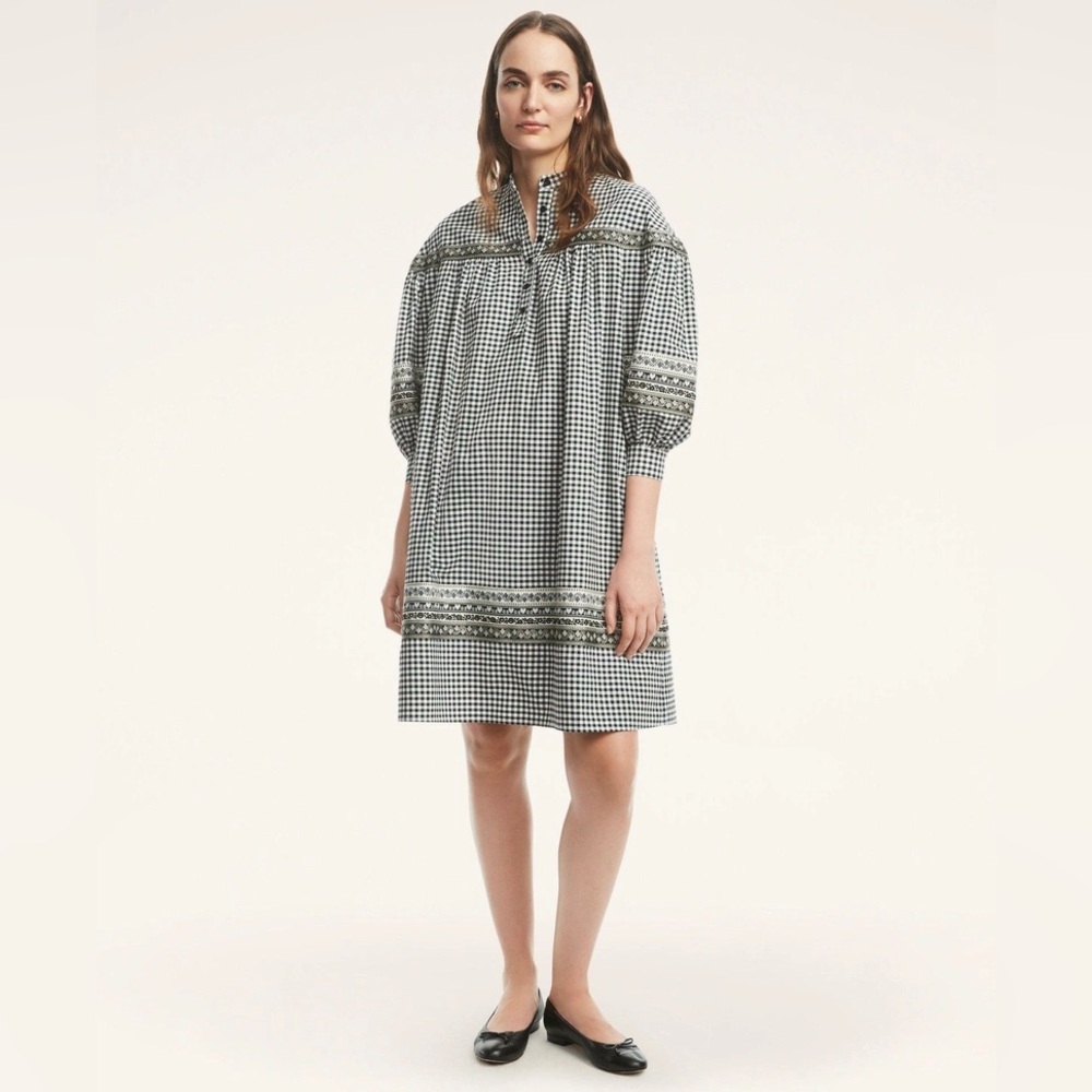 NWT Brooks Brothers Folklore Flannel Gingham Dress With Embroidered Trim
